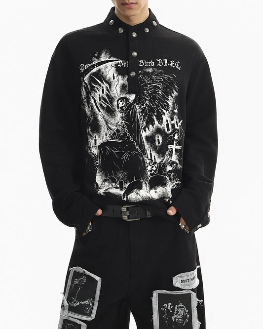 Street Printed Stand Collar Long Sleeve Polo Shirt