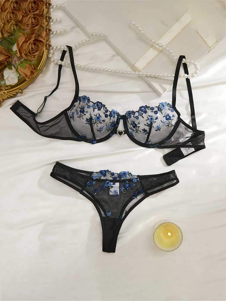 Men's Sexy Floral See-Through Mesh Bra Briefs Set