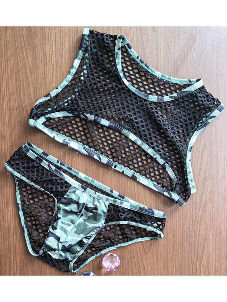 Men's Sexy Camouflage Mesh Crop Top And Briefs Set