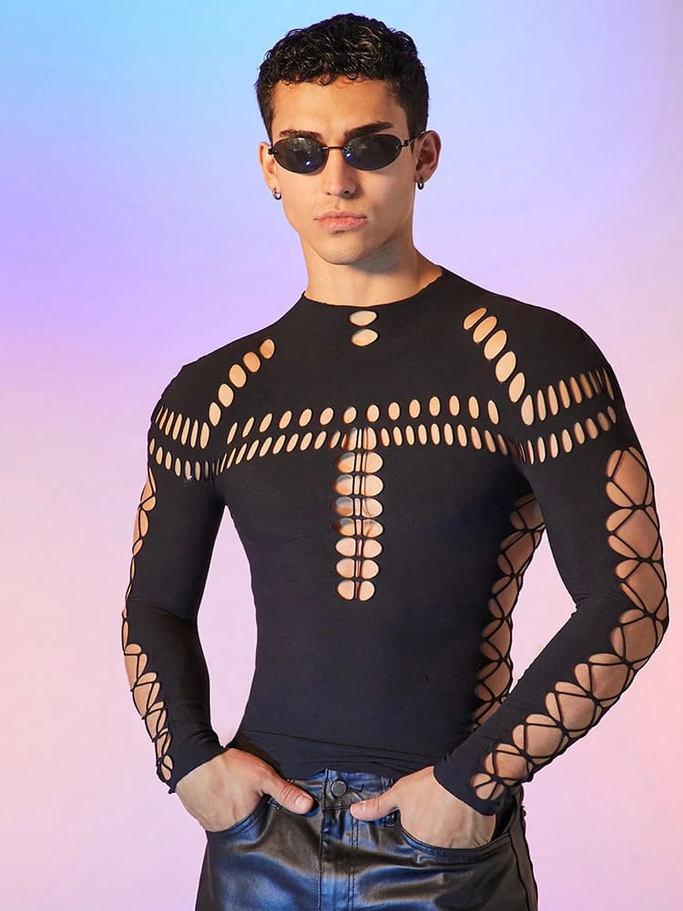 Men's Fashion Hollow Slim Long Sleeve Bodysuit
