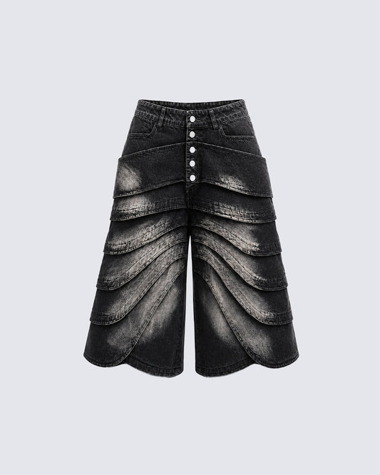 New Deconstructed Washed Layered Wave Denim Shorts