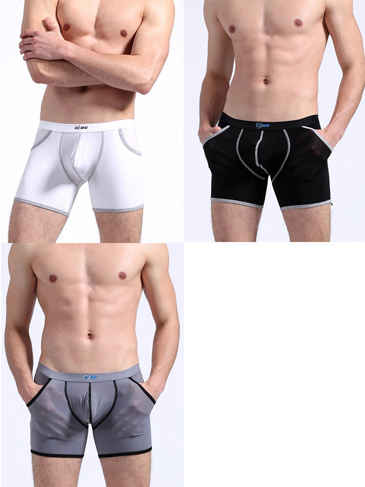 3 Pack Men's Long Leg Boxer Briefs Made of Ultra-Thin Ice Silk with Anti-Wear Elastic