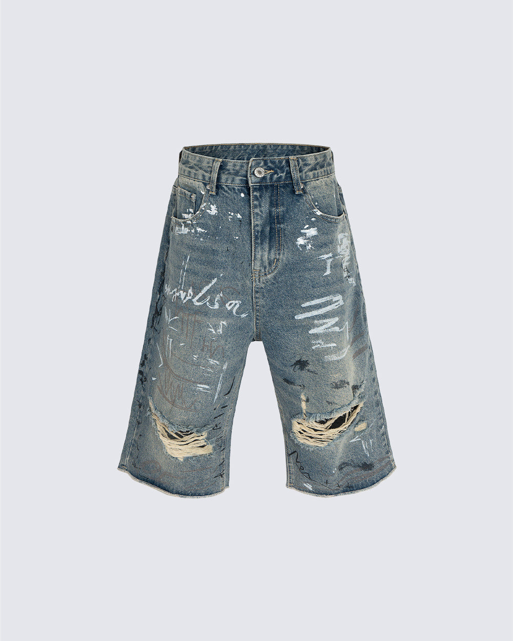 High Street New Graffiti Distressed Wide Denim Shorts