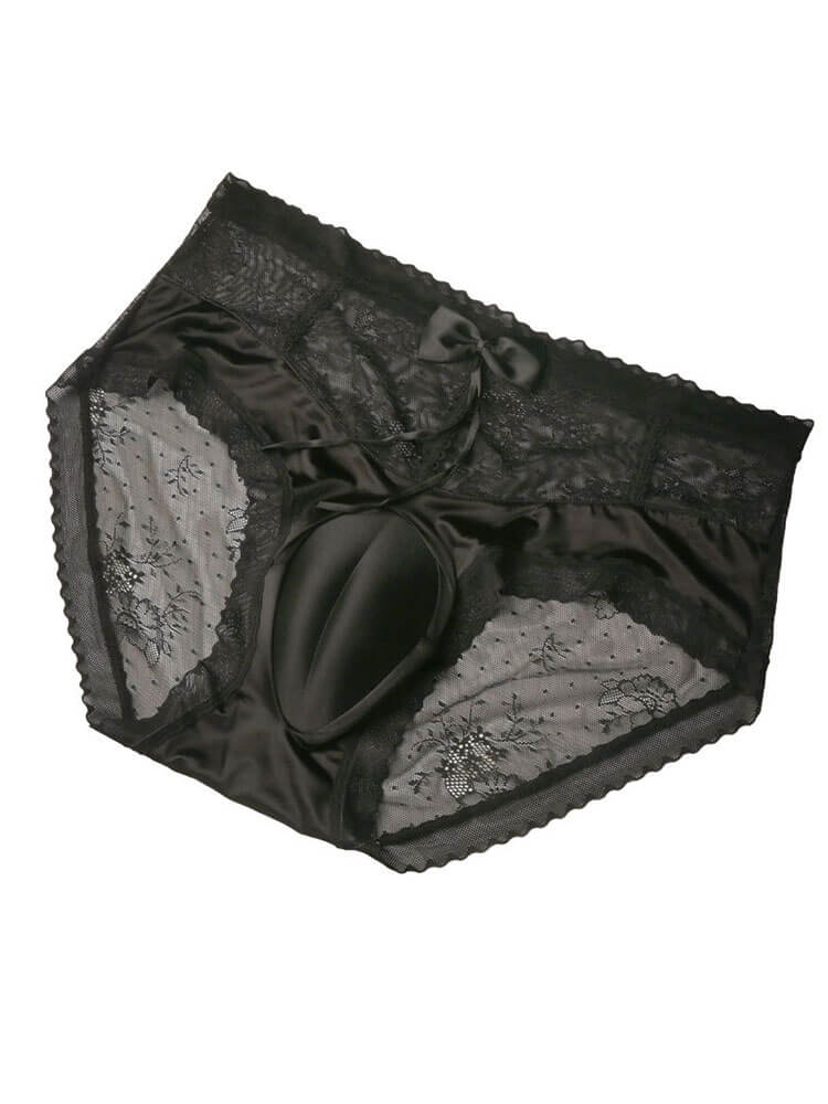Men's Sexy Lace Bow Crossdressing Solid Color Briefs