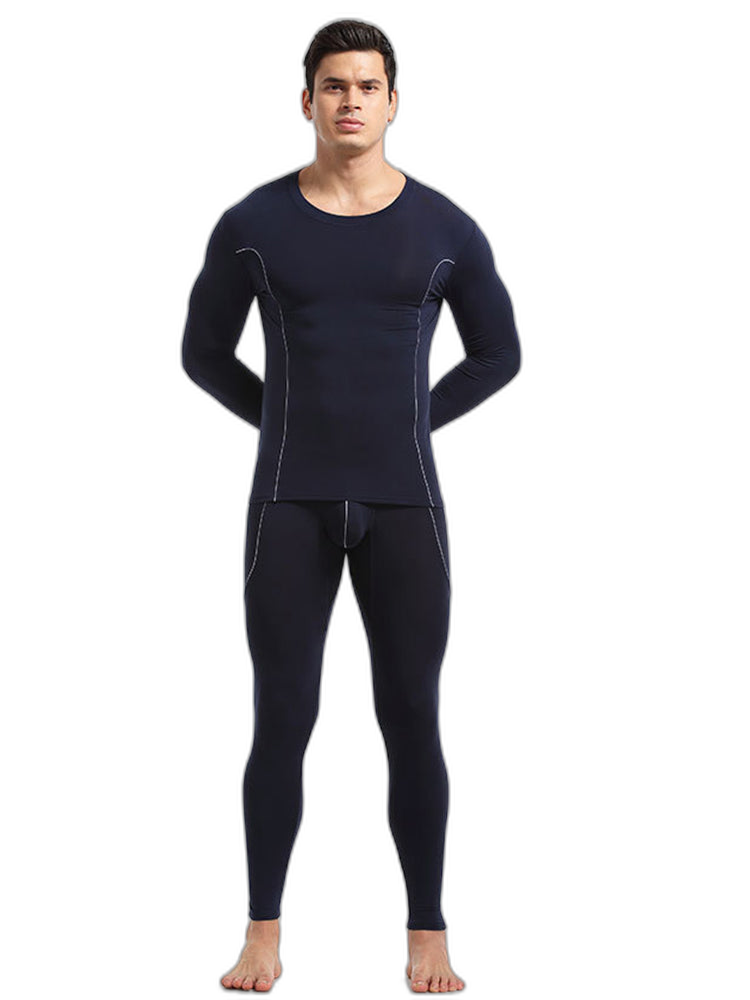 Men's Round Neck Solid Color Bamboo Fiber Thermal Underwear Set