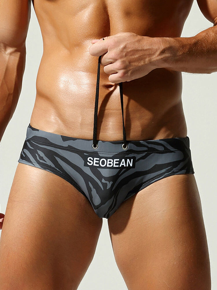 Men's Sexy Irregular-Striped Drawstring Swim Briefs