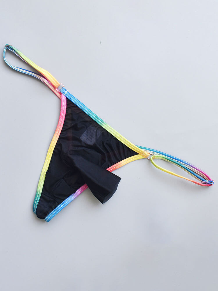 Men's Sexy Rainbow Trim Sheer Open Pouch Thong