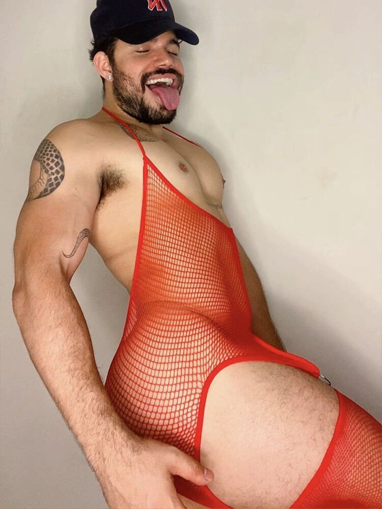 Men's Sexy Red Fishnet Crotchless Bodysuit