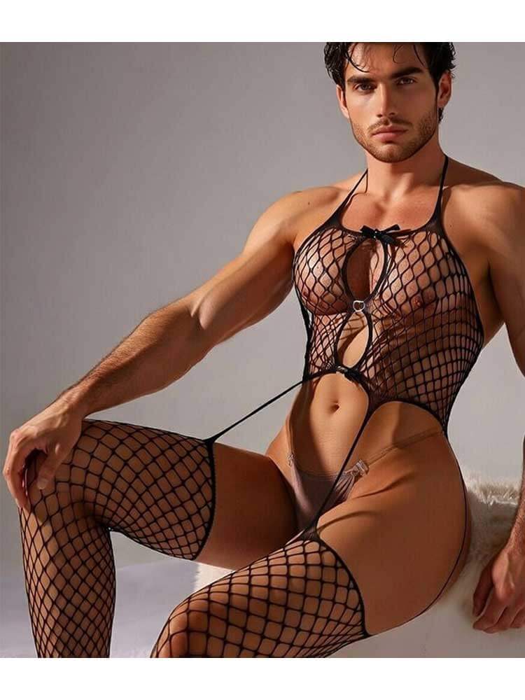 Men's Sexy Bow See-Through Stockings Bodysuit