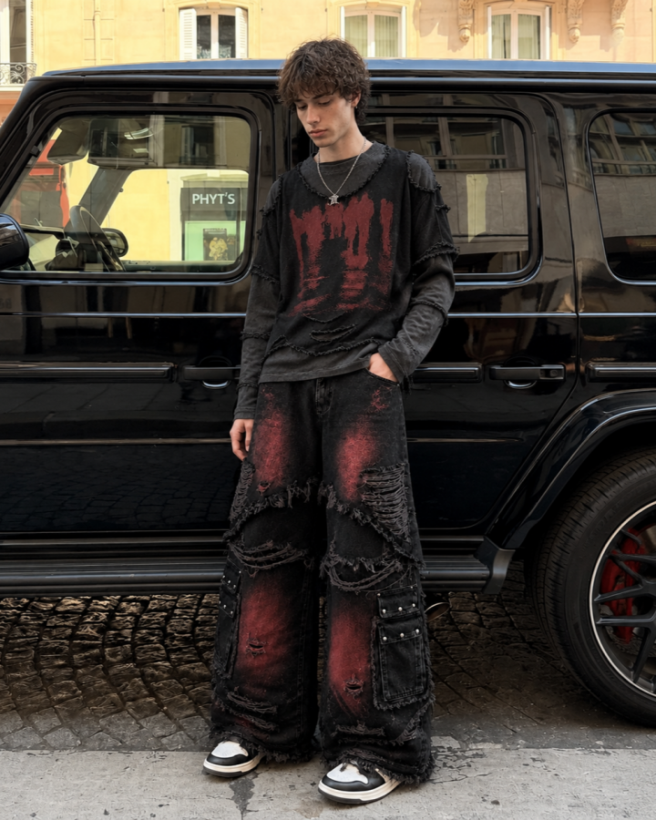 KIIKIO Two-Tone Raw Edge Patchwork Layered Long Sleeve Tee