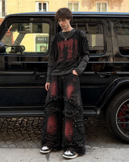 Two-Tone Raw Edge Patchwork Layered Long Sleeve Tee