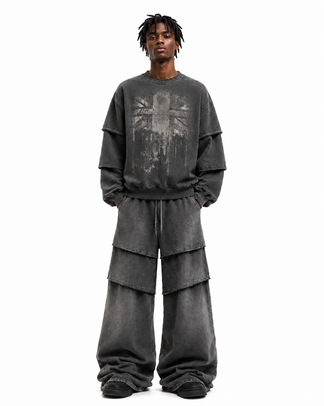 KIIKIO Washed Layered Sleeve Graphic Sweatshirt