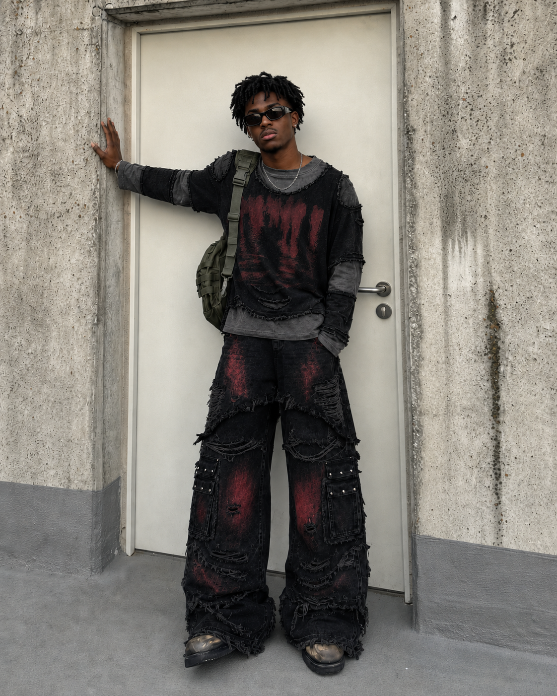 KIIKIO Gradient Red Frayed Cargo Wide Leg Denim Pants