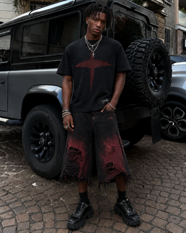 KIIKIO Red Washed Distressed Denim Shorts