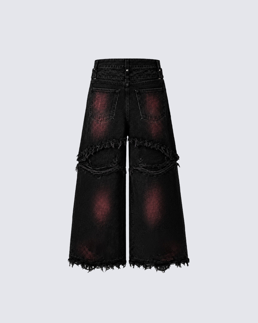 KIIKIO Gradient Red Frayed Cargo Wide Leg Denim Pants