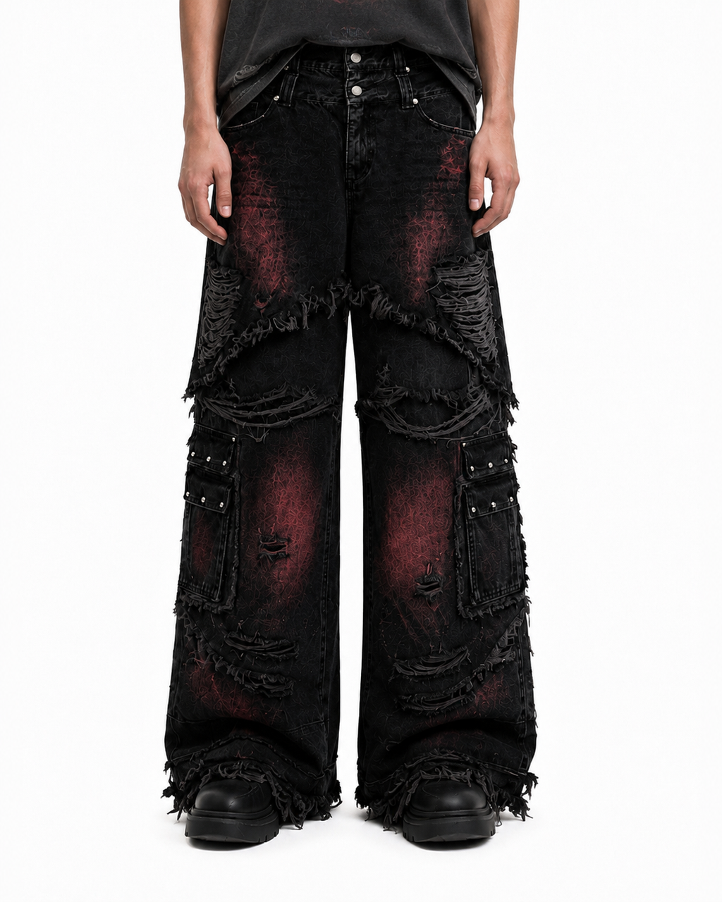 KIIKIO Gradient Red Frayed Cargo Wide Leg Denim Pants