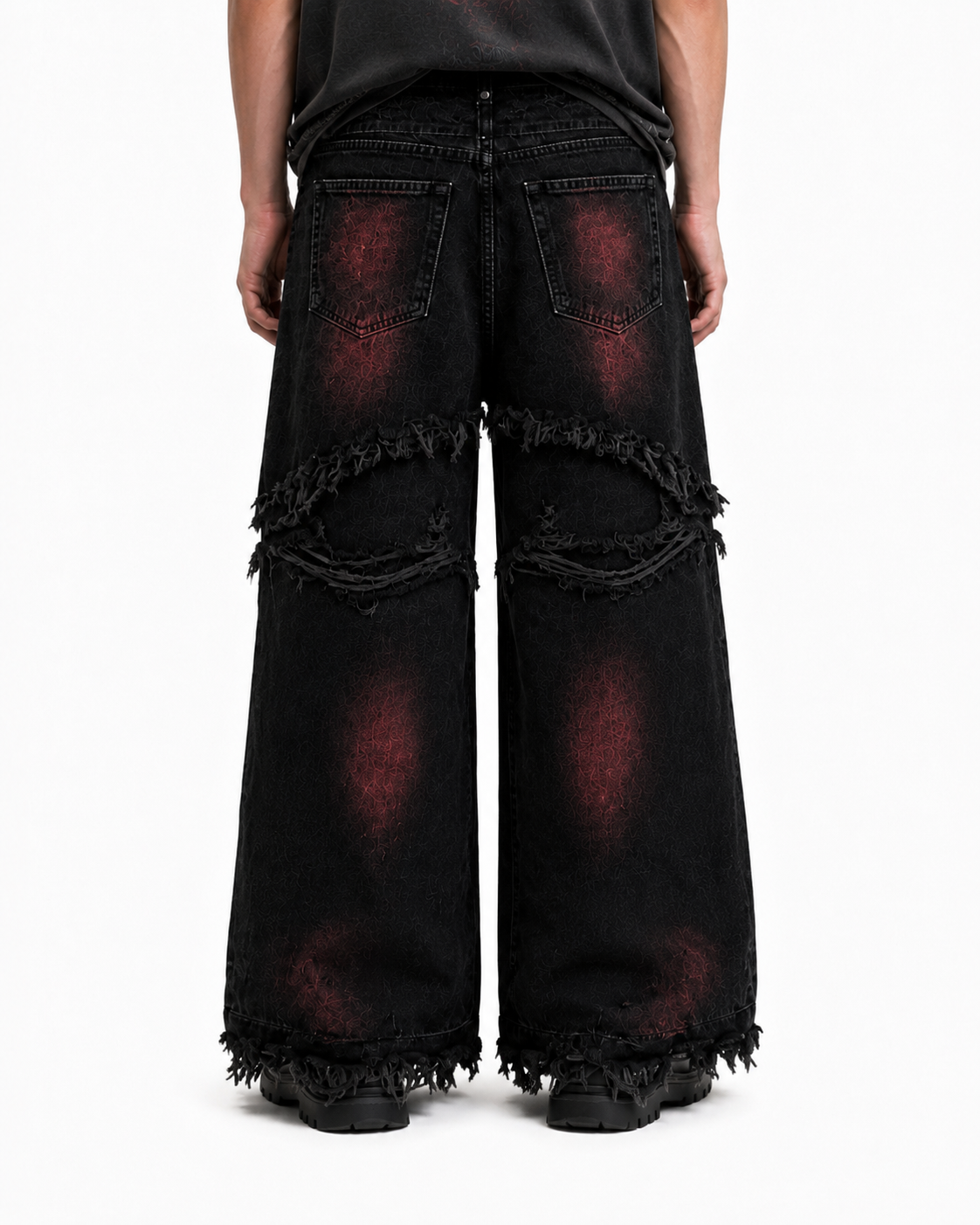 KIIKIO Gradient Red Frayed Cargo Wide Leg Denim Pants