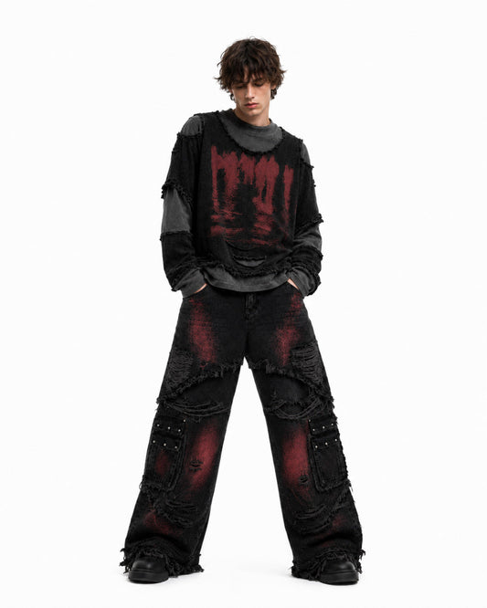 KIIKIO Gradient Red Frayed Cargo Wide Leg Denim Pants