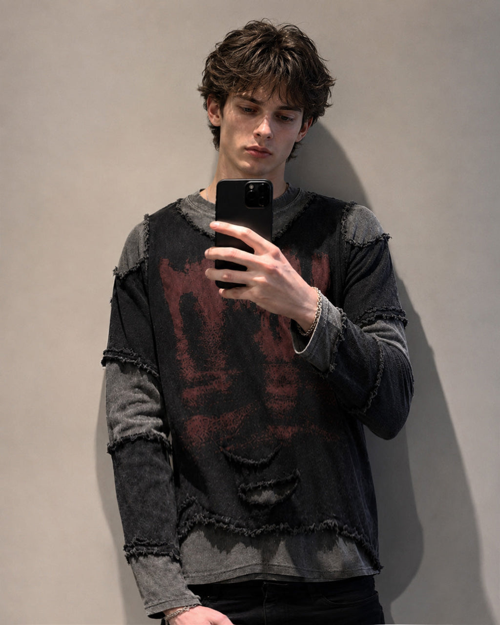 KIIKIO Two-Tone Raw Edge Patchwork Layered Long Sleeve Tee