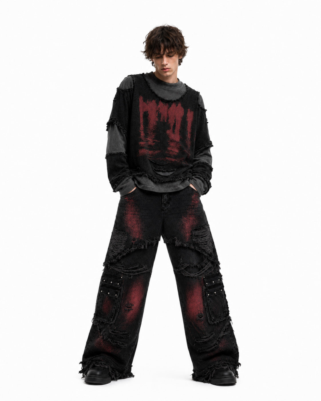 KIIKIO Two-Tone Raw Edge Patchwork Layered Long Sleeve Tee