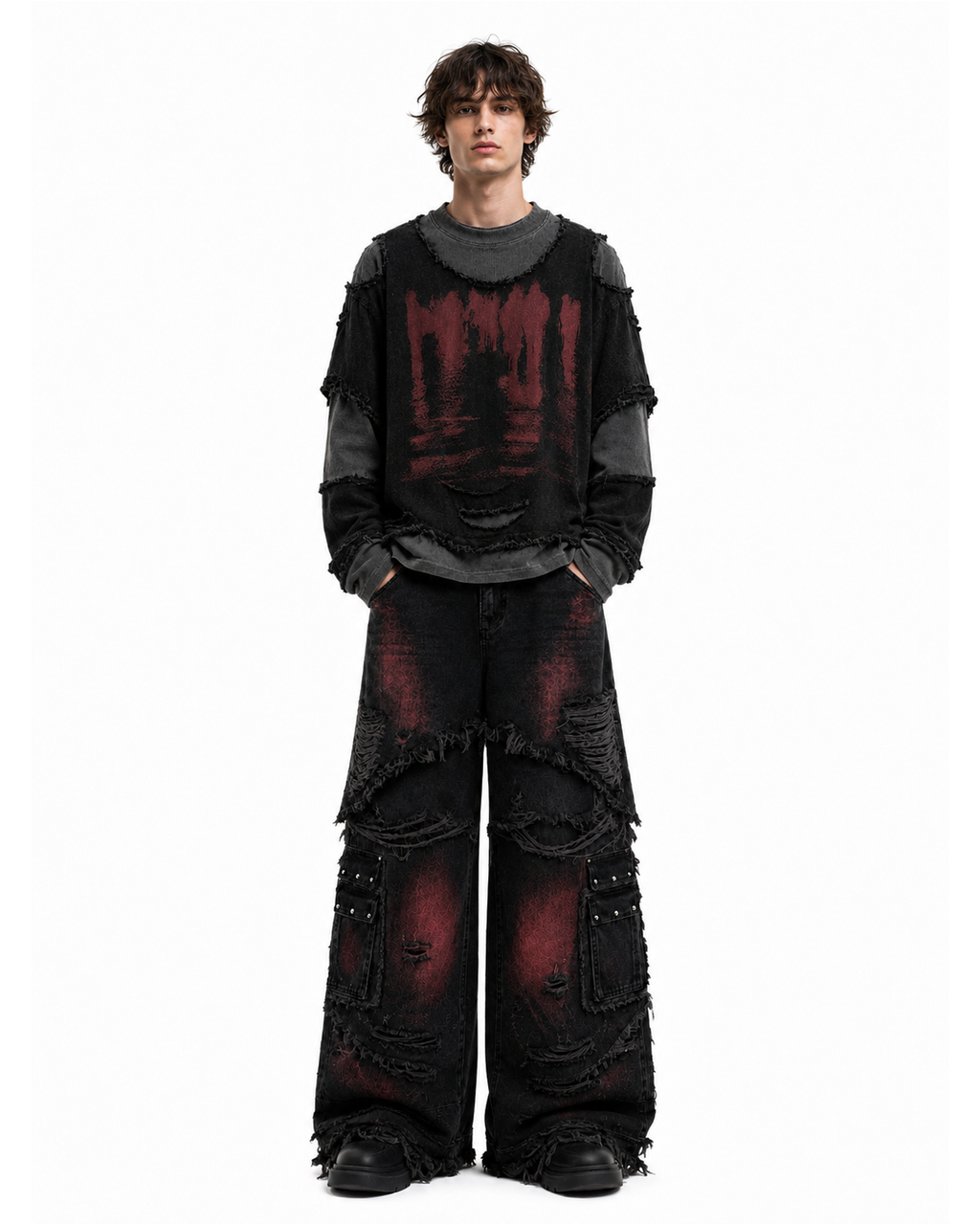KIIKIO Gradient Red Frayed Cargo Wide Leg Denim Pants