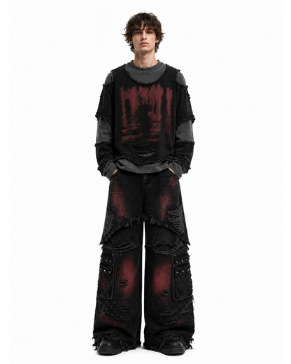 Two-Tone Raw Edge Patchwork Layered Long Sleeve Tee