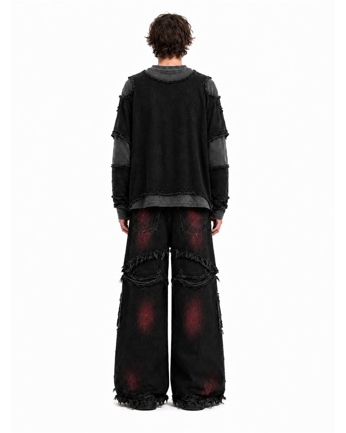KIIKIO Gradient Red Frayed Cargo Wide Leg Denim Pants