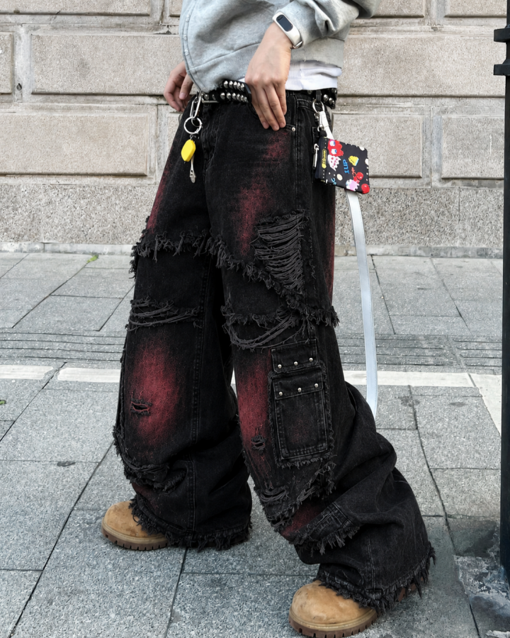 KIIKIO Gradient Red Frayed Cargo Wide Leg Denim Pants