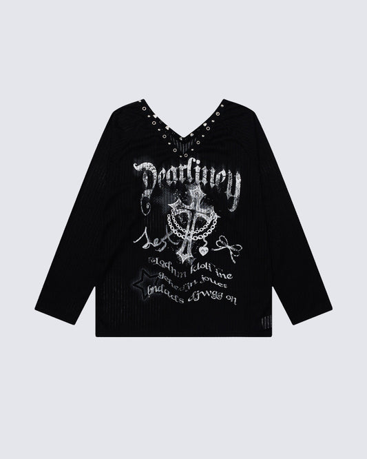 Gothic Printed Long Sleeve Top with Studded Neckline