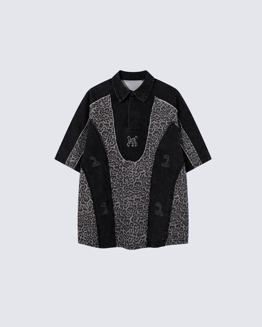 American Retro Leopard Print Patchwork Frayed Short-Sleeved Shirt