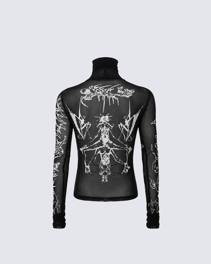 Gothic Mesh Long Sleeve Top with Graphic Print