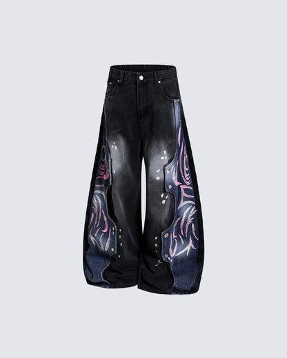Street-Style Hand-Painted Graffiti Color-Blocked Jeans