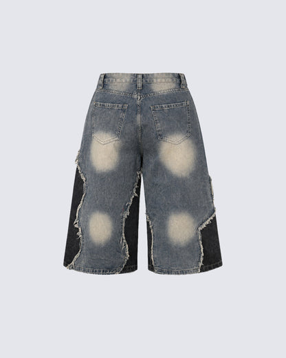 American-Style Distressed Washed Color-Blocked Ripped Capri Pants