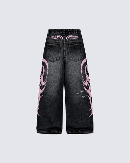 American Retro Style Flame Print Jeans