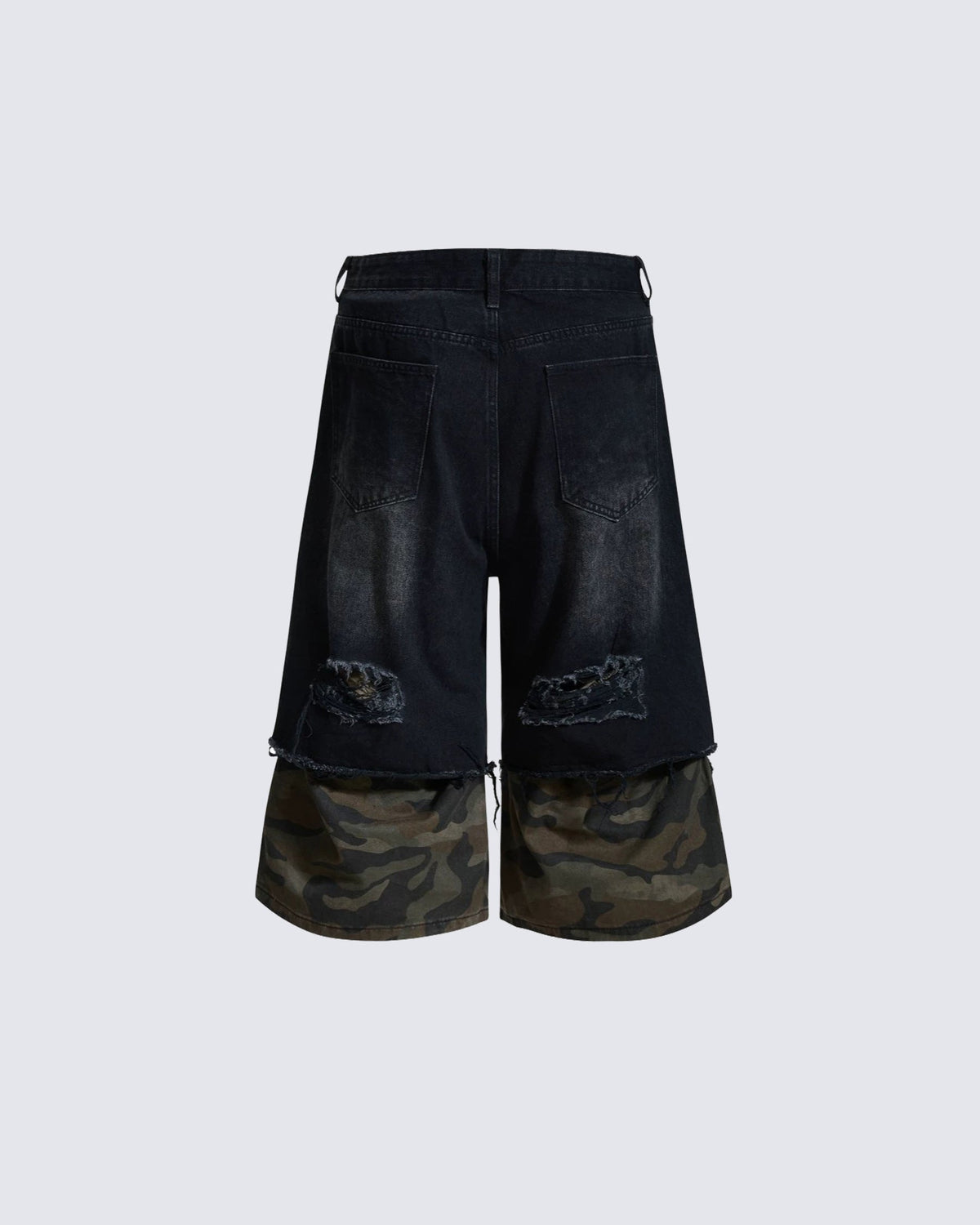 American-Style Ripped Camouflage Faux Two-Piece Denim Capri Pants