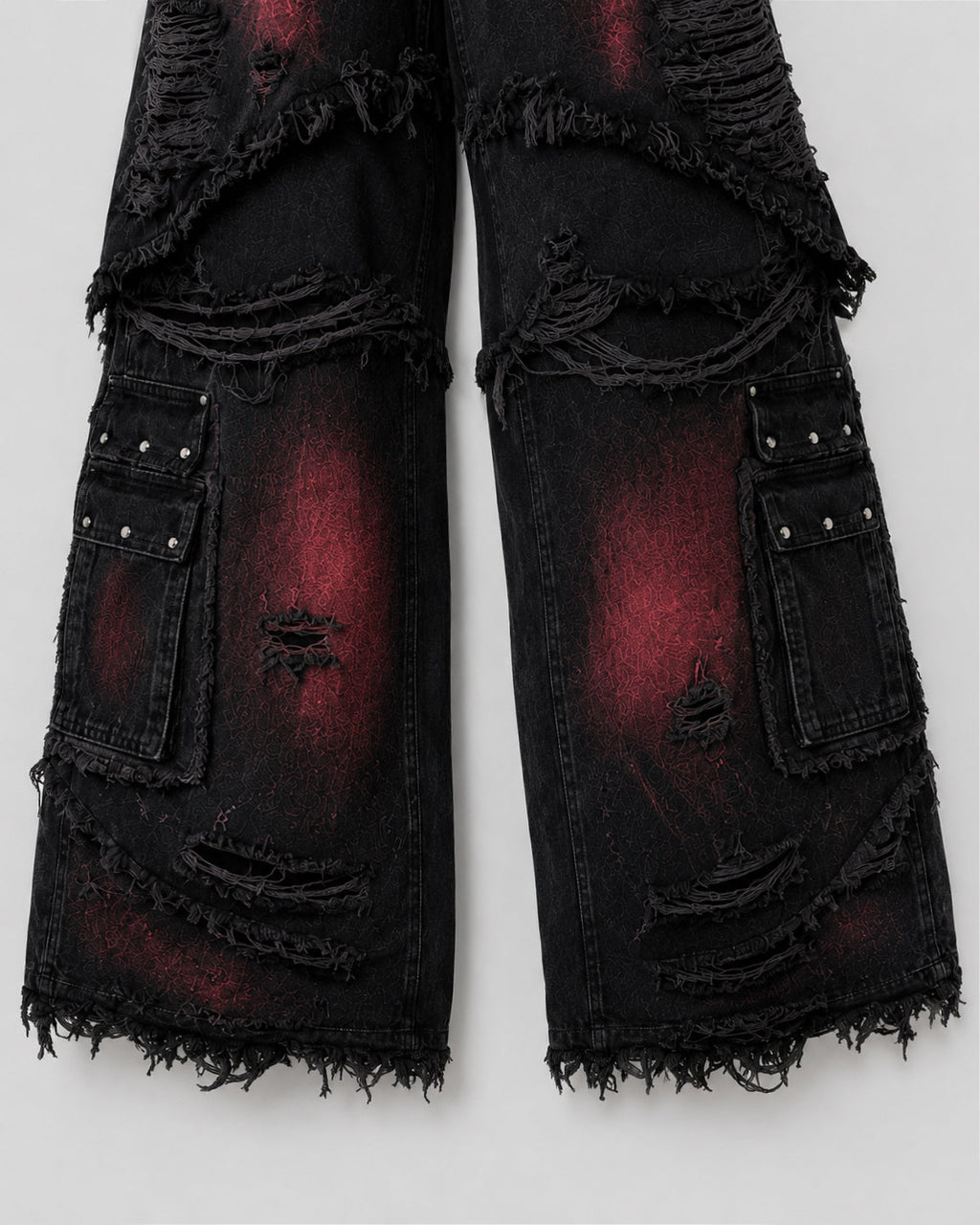 KIIKIO Gradient Red Frayed Cargo Wide Leg Denim Pants