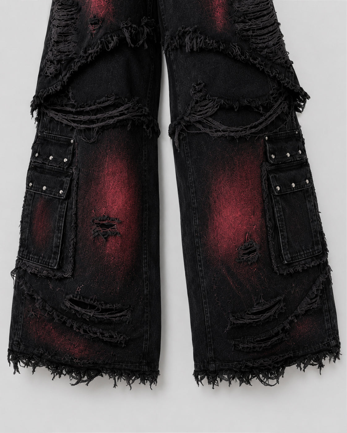 KIIKIO Gradient Red Frayed Cargo Wide Leg Denim Pants