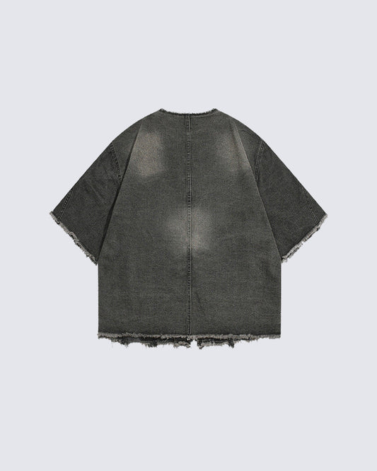 American Retro Tie-Dye Washed Short Denim Shirt