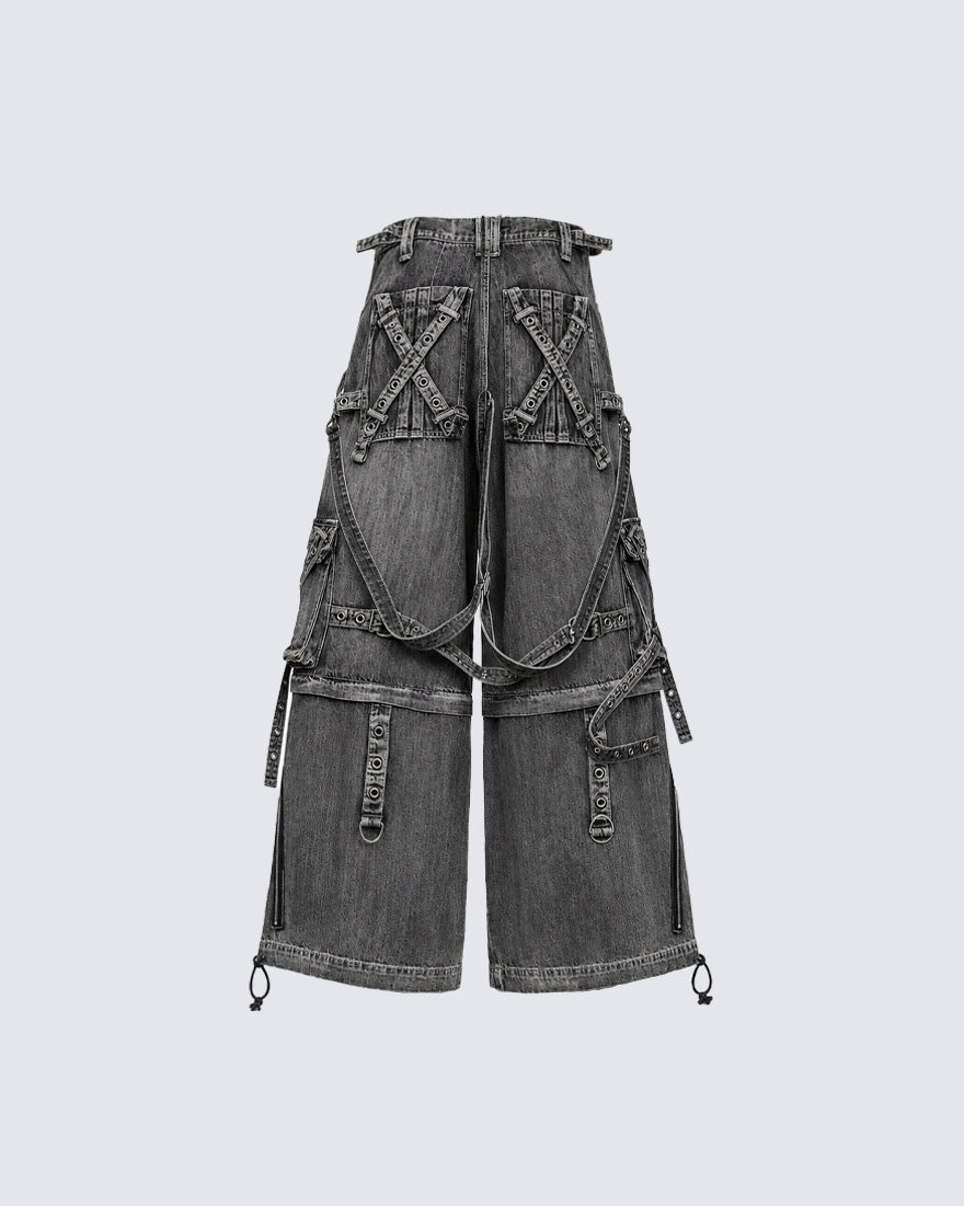 Denim Cargo Pants with Multiple Straps and Zippers
