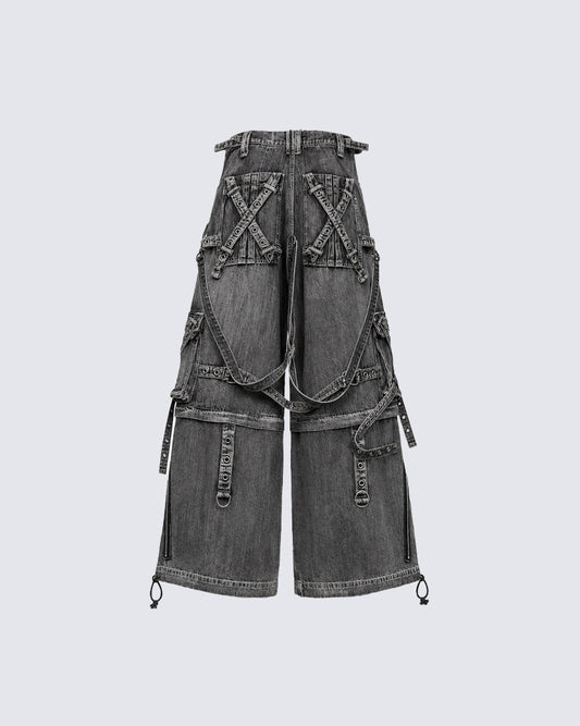 Denim Cargo Pants with Multiple Straps and Zippers
