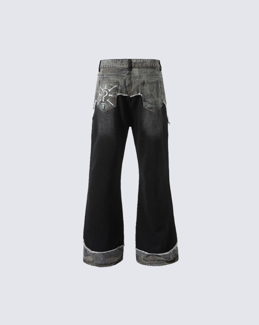 Punk Camouflage Patchwork Ripped Flared Jeans
