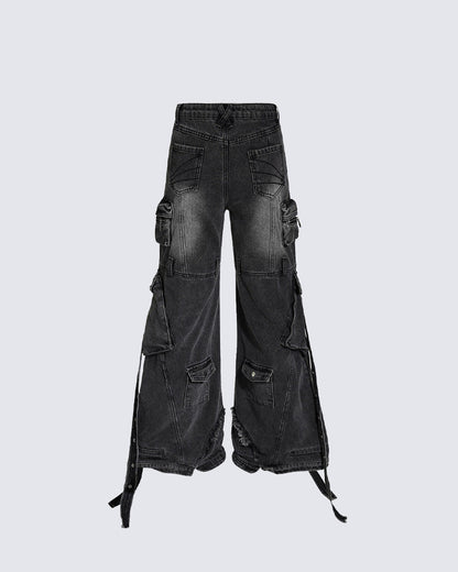 Distressed Cargo Pants with Strap Details