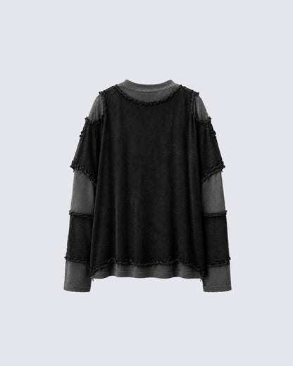 Two-Tone Raw Edge Patchwork Layered Long Sleeve Tee