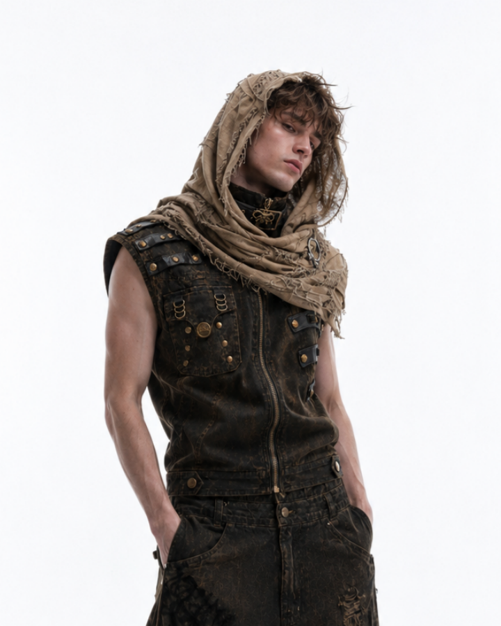 KIIKIO Retro-Style Distressed Metal-Rivet Versatile Vest