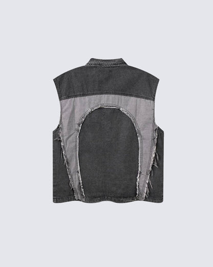 Distressed Patchwork Denim Vest