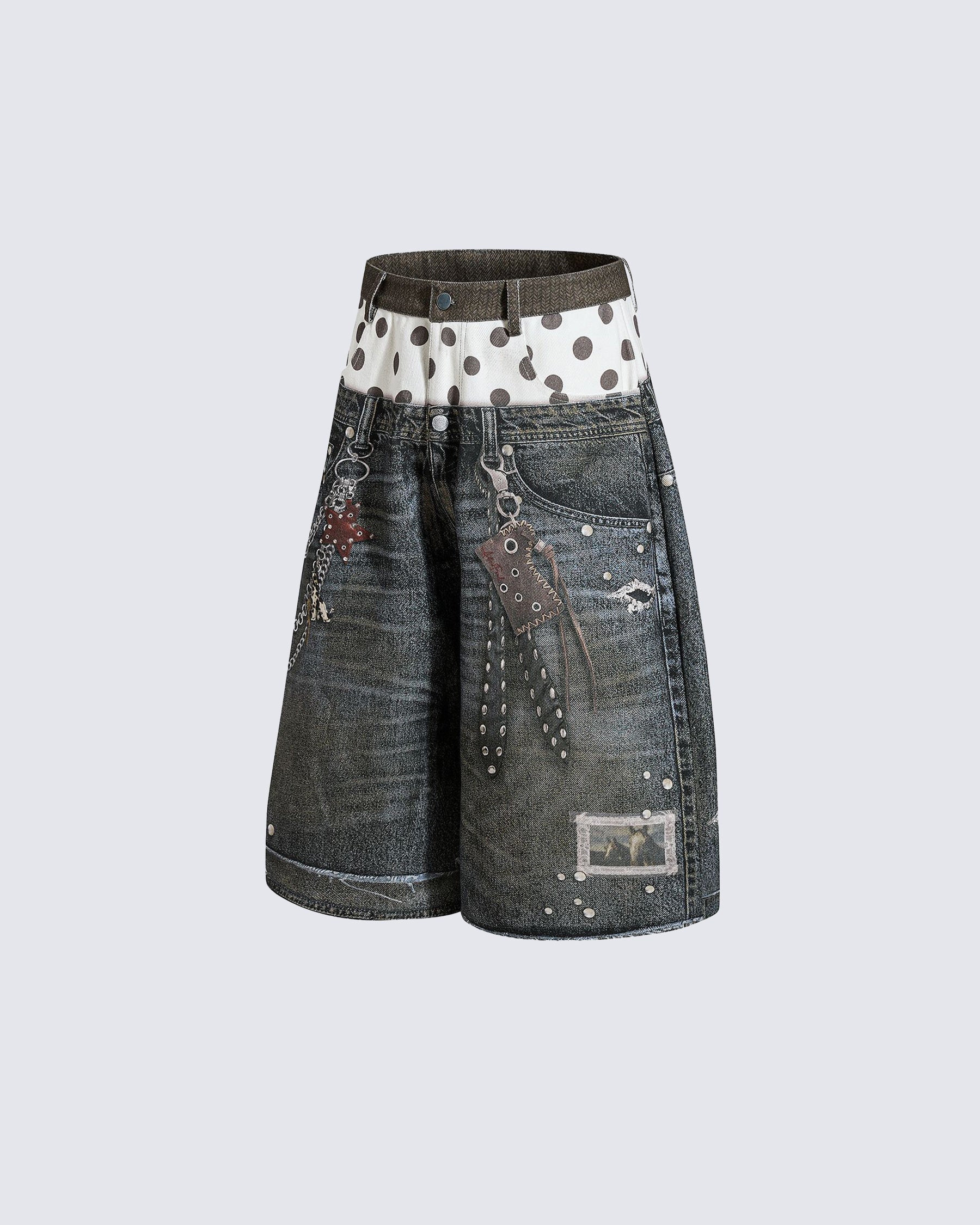 KIIKIO Retro Mixed Denim Polka Shorts