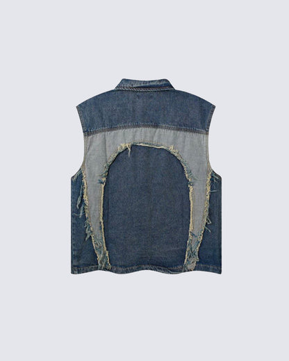 Distressed Patchwork Denim Vest