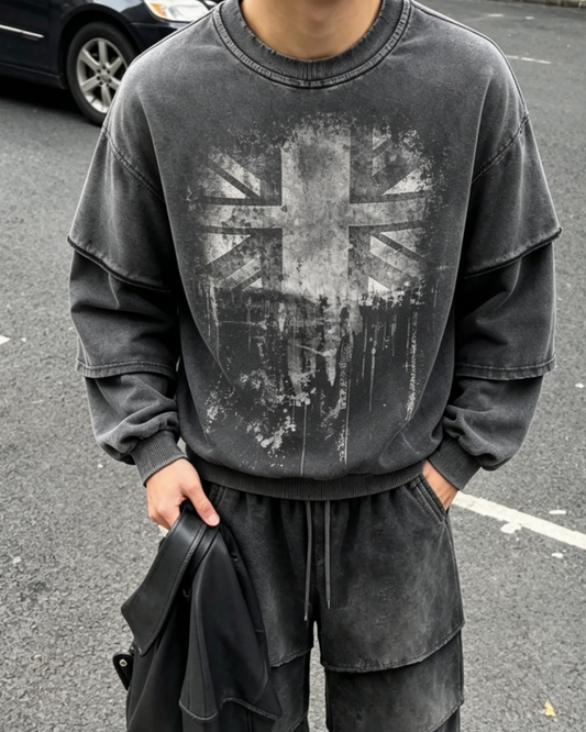 KIIKIO Washed Layered Sleeve Graphic Sweatshirt