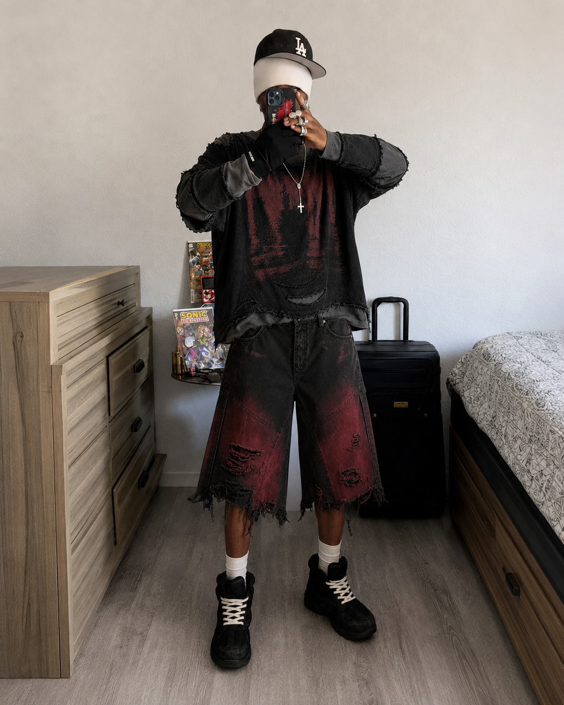 KIIKIO Red Washed Distressed Denim Shorts