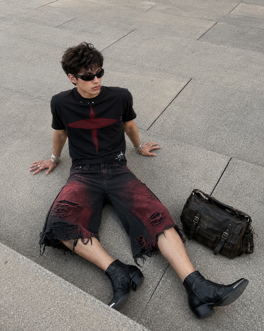 KIIKIO Red Washed Distressed Denim Shorts